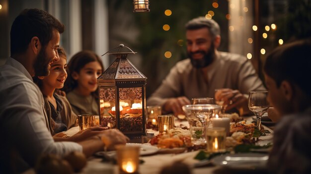 Depois de jejuar uma família está tendo iftar feliz juntos comida desfrutar de IA generativa