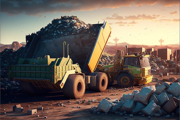 Deponielandschaft mit Müllhaufen Bulldozer und Müllwagen AI