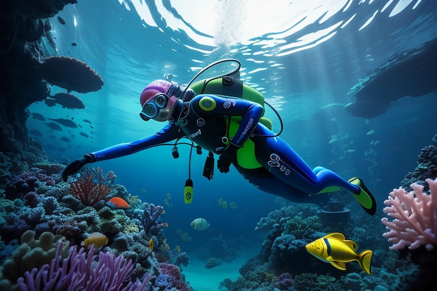 Deporte de buceo submarino paisaje de aguas profundas instructor de apnea nadando en agua de mar azul