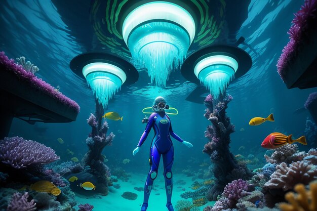 Deporte de buceo submarino paisaje de aguas profundas instructor de apnea nadando en agua de mar azul