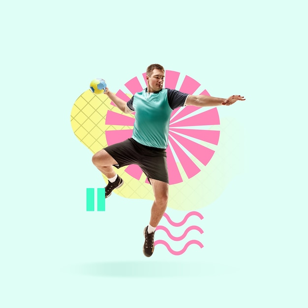 Foto deporte creativo y estilo geométrico. jugador de balonmano en acción, movimiento sobre fondo azul. espacio negativo para insertar su texto o anuncio. diseño moderno. collage de arte colorido y brillante contemporáneo.