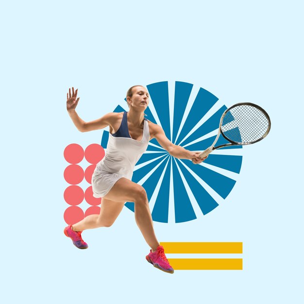 Deporte creativo y jugador de tenis de estilo geométrico en movimiento de acción sobre fondo azul.