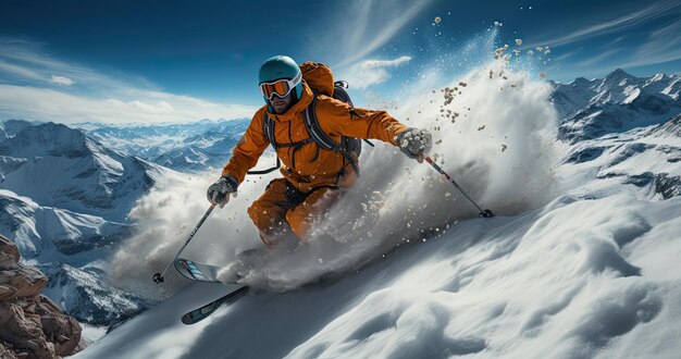 Foto deporte extremo de invierno con esquiadores saltando por el sendero