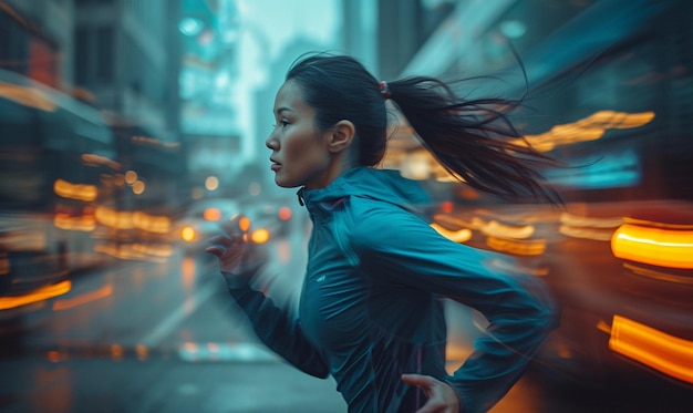 Deporte mujer asiática corriendo fondo del movimiento de iluminación de la ciudad