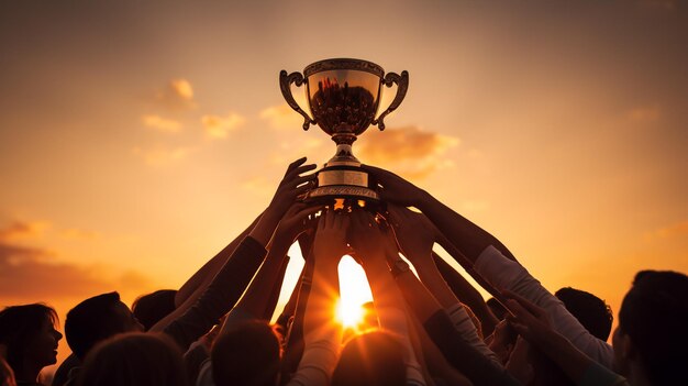 Deportes de trabajo en equipo y manos de personas con trofeo por el logro del ganador y el éxito del campeón. Apoyar a la comunidad y la diversidad con las mujeres y premio por el compromiso y la colaboración en la capacitación.