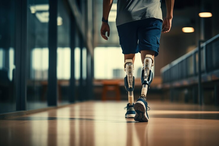Deportista amputado irreconocible que camina con piernas protésicas biónicas
