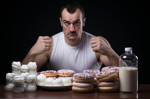 Foto el deportista enojado y disgustado sostiene una pila de rosquillas y una botella de leche y sonríe.