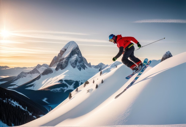 Deportista esquiando en la montaña en invierno