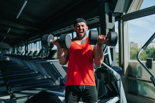 Un deportista estadounidense totalmente dedicado a su entrenamiento levanta pesas pesadas atleta enfocado caucásico