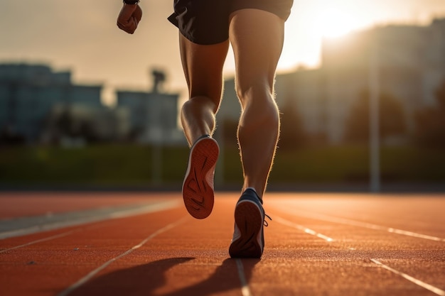 Un deportista fuerte con zapatillas de deporte y pantalones cortos corre por la pista en un estrecho del estadio deportivo