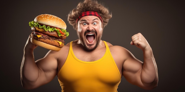 Un deportista gordo deprimido y gracioso eligiendo entre pesas de gimnasio y una deliciosa hamburguesa con queso.