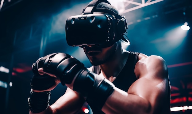 Deportista masculino musculoso luchando en el ring Boxeador enfocado con guantes especiales y gafas de realidad virtual IA generativa