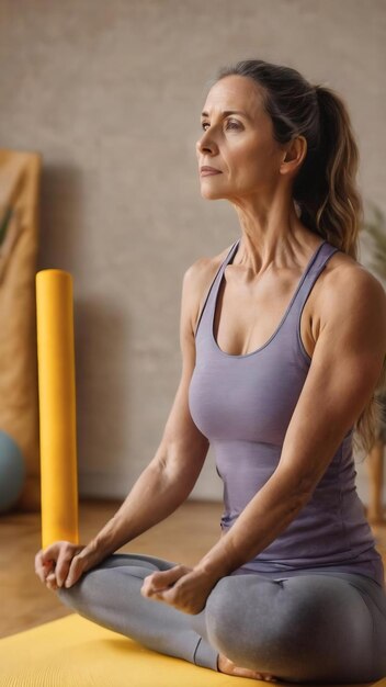 Deportista de mediana edad con una alfombra de yoga en un estudio amarillo relajada pensando en algo