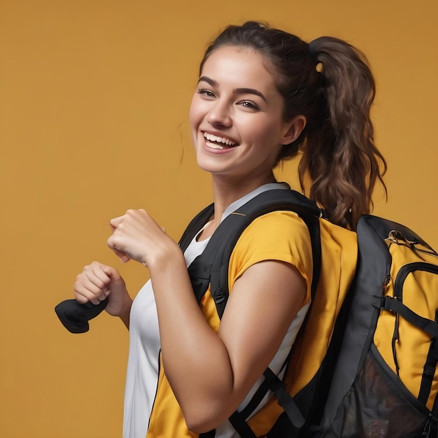 Deportista con mochila de gimnasio en el estudio amarillo apunta con el dedo pulgar lejos riendo y despreocupado