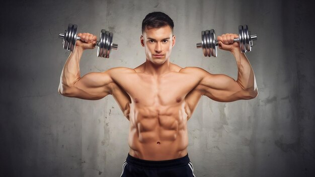Deportista musculoso que construye bíceps con pesas
