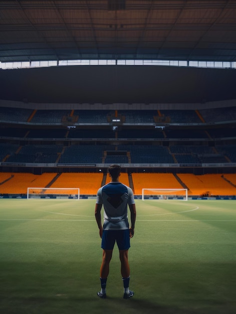 Deportista de pie en el campo de fútbol vacío Futbolista mirando el campo antes del juego IA generativa