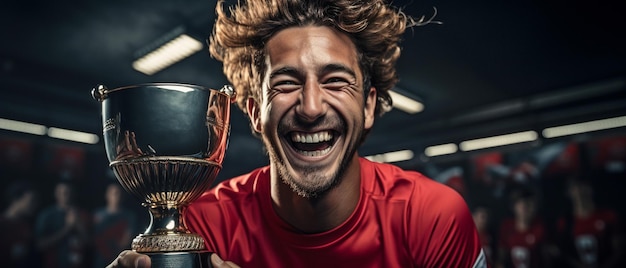 El deportista que celebra la victoria con una copa deportiva parece muy feliz