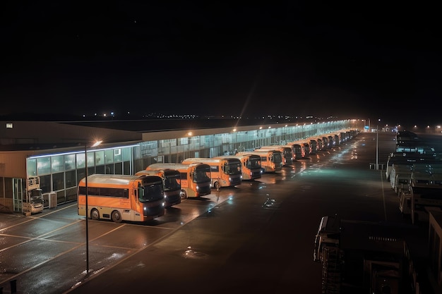 Depósito de autobuses por la noche con autobuses alineados y sus luces brillando