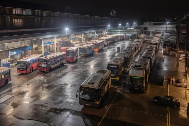 Depósito de autobuses por la noche con autobuses y otros vehículos estacionados en filas