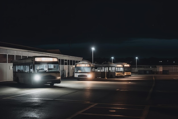 Depósito de autobuses por la noche con las luces brillando intensamente