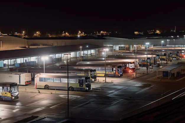 Depósito de autobuses por la noche con las luces encendidas y los autobuses en posición para su próximo viaje