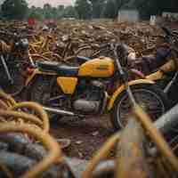 Foto depósito de chatarra de bicicletas amarillo