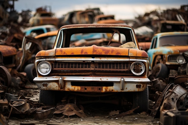 Depósito de chatarra de coches oxidados lleno de vehículos abandonados AI