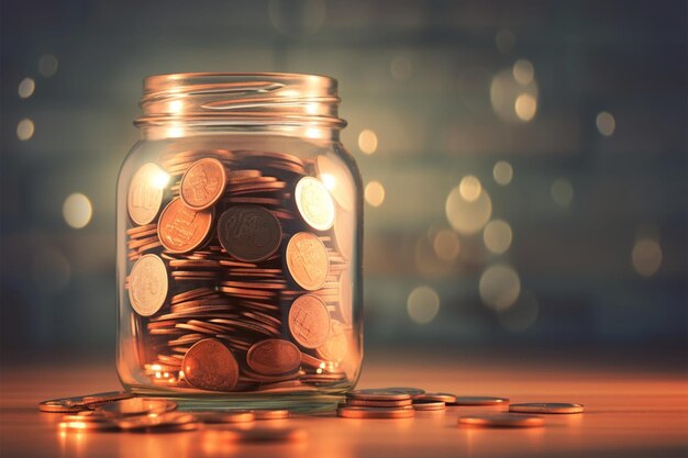 Foto depósito de dinheiro frasco de vidro cheio de moedas fundo desfocado poupança