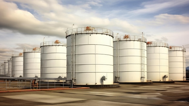 Foto depósito de tanques de almacenamiento en la refinería de la industria petrolera para combustible y petróleo crudo