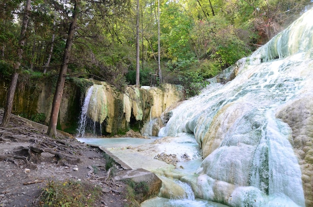 Foto depósitos calcificados y minerales en una fuente termal