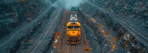 depósitos de minería de canteras de carbón excavadora a pie puente ferroviario lleno de carbón tren verde vehículo asfáltico y carretera