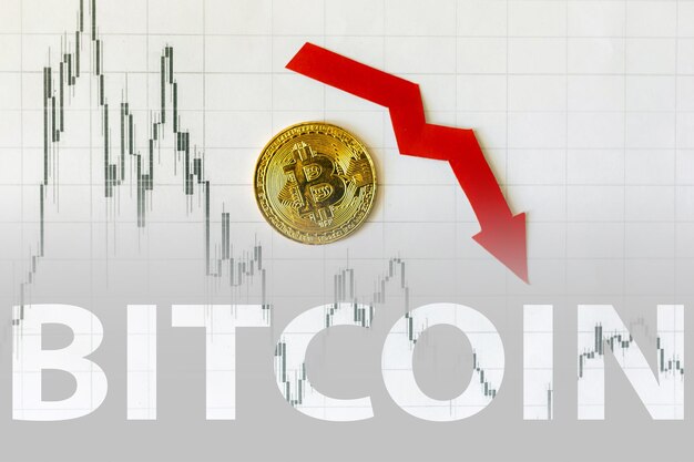 Depreciação do bitcoin de dinheiro virtual Seta vermelha e Bitcoin dourado na classificação do índice do gráfico forex de papel caem no fundo do mercado de câmbio Conceito de depreciação da criptomoeda