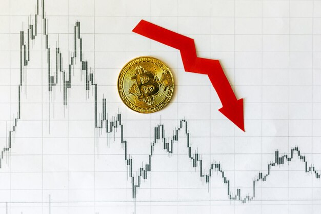 Depreciação do bitcoin de dinheiro virtual seta vermelha e bitcoin dourado na classificação do índice do gráfico forex de papel caem no fundo do mercado de câmbio conceito de depreciação da criptomoeda