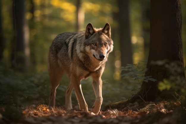 Depredador en movimiento Caza de lobos en un bosque iluminado por el sol