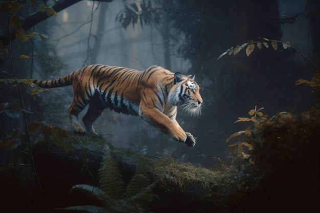 Un depredador de tigre salta de la jungla verde de primer plano cazador de animales carnívoros de la IA salvaje