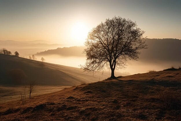 Foto depresión y ansiedad concepto árbol sin hojas silueta en la cima de una colina de niebla enfoque suave