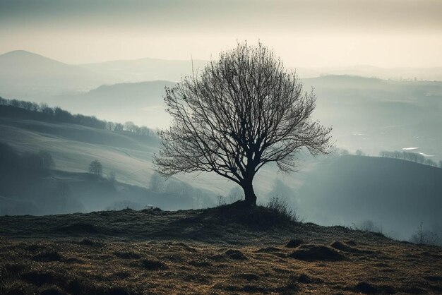 Depresión y ansiedad concepto Árbol sin hojas silueta en la cima de una colina de niebla enfoque suave
