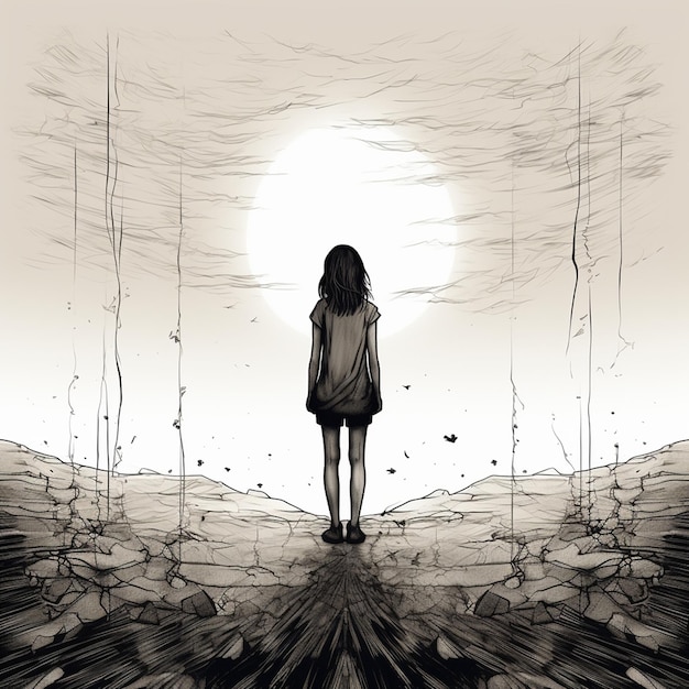 Depresión y ansiedad ilustradora línea de arte imagen chica de pie viendo algo de esperanza