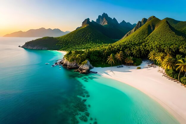 Foto la depresión de la antena de un paraíso tropical con playa de lino blanco orina cristalina ley fundamental y palmera recurso creativo ai generado