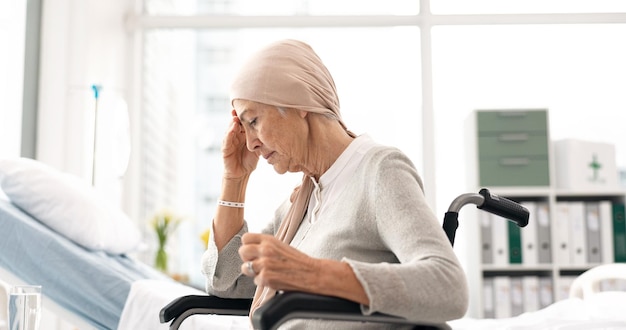 Depresión, cáncer y enojo mujer mayor en el hospital en silla de ruedas frustrada después de quimioterapia o tratamiento cuidado de la salud de ancianos y mujer paciente con discapacidad enferma o enfermedad de Parkinson