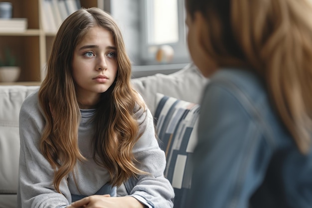 Foto depressão adolescente caucasiana de 15 anos triste e infeliz sentada em um sofá em um escritório de psicólogos consultada por um terapeuta mental adolescentes depressão perigo alerta de abuso