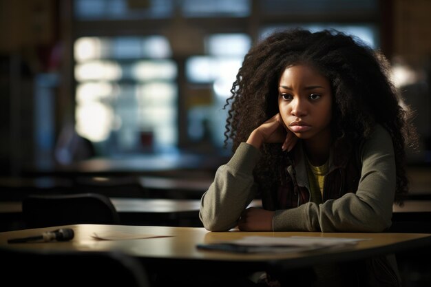 Foto depressão adolescente estudante afro-americano desmotivado na secretária ia gerativa