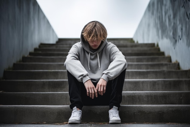 Foto depressão adolescente rapaz adolescente triste e solitário sentado nas escadas