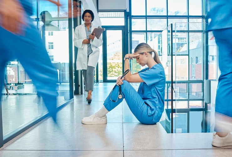 Foto depressão enfermeira cansada e mulher no hospital com esgotamento de estresse e ansiedade por erro de cuidados de saúde falha triste e cirurgião médico com fadiga de luto e dor de cabeça em clínica ocupada com estetoscópio