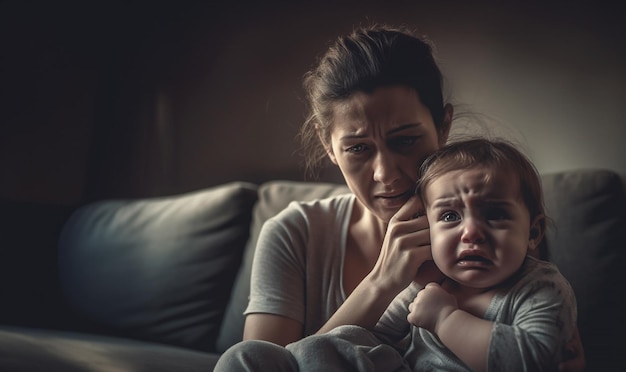 Foto depressão pós-natal mãe sofrendo e bebê chorando desesperadamente sentado em um sofá na vida