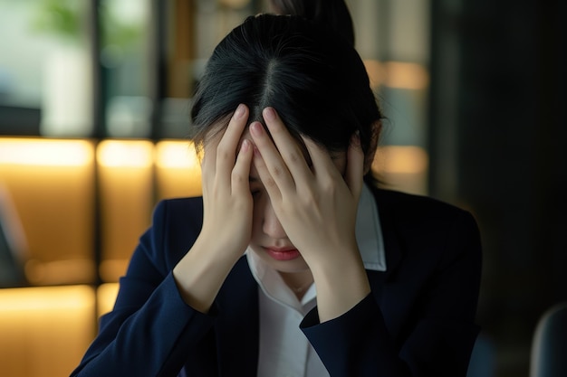 Depressiv, traurig, ernsthaft, asiatische Geschäftsfrau, die eine stressige Depression hat, traurige Zeit, die am Laptop auf dem Bürotisch arbeitet, depressive Frau, trauriger Serien, geistige Gesundheit vom Arbeitskonzept