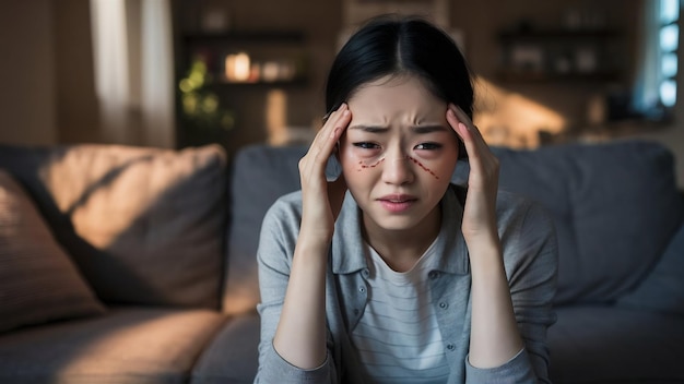 Depressiva, chorando, mulher asiática estressada com dor de cabeça sentada no sofá na sala de estar em casa.