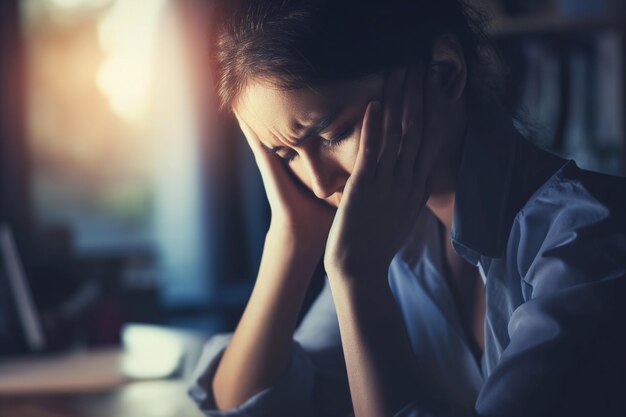 Foto depressiva tristemente séria mulher de negócios asiática com depressão estressante tempo triste trabalhando no laptop na mesa do escritório mulher depressiva série saúde mental do conceito de trabalho