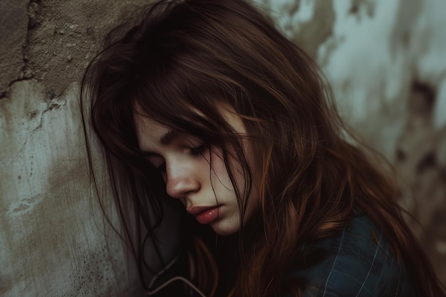 Depressive 15-jährige weiße Teenagerin traurig und unglücklich lehnt sich an eine schmutzige schäbige Wand Teenager Depression Gefahr