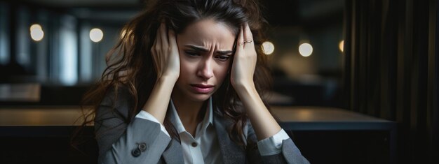 Depressive Geschäftsfrau sitzt in ihrem Büro, hält ihren Kopf mit der Hand und leidet unter Überarbeitungsstress oder Arbeitslosigkeit